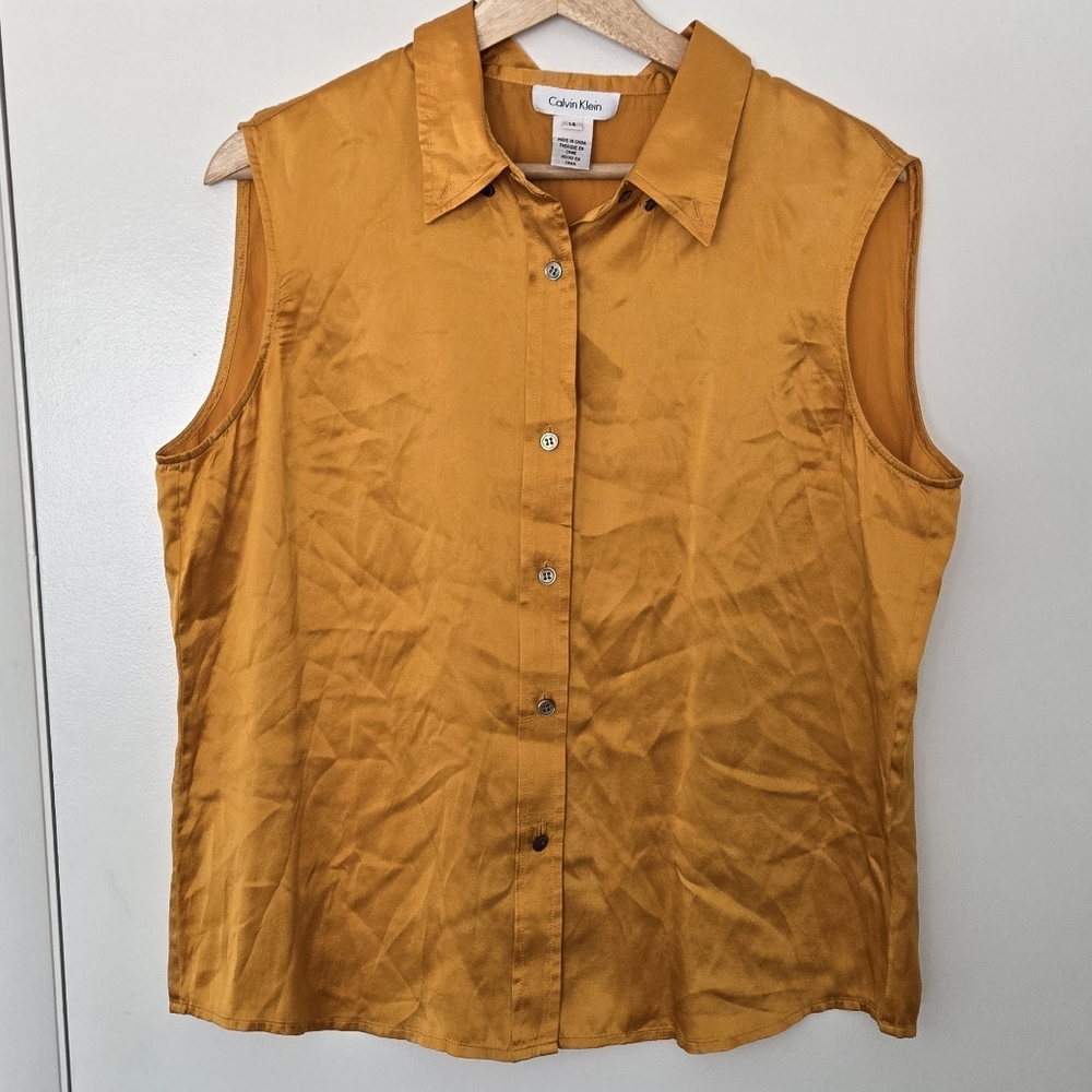 Calvin Klein 100% Silk Gold Sleeveless Button Up Shirt Size 14